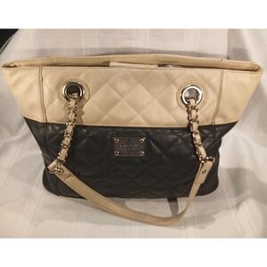 Nine West Quilted Black & Cream Shoulder Tote Bag Chain Straps